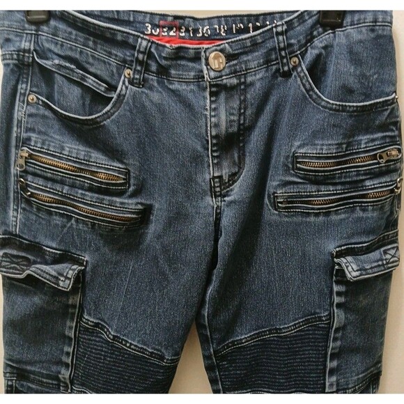 Denim House Mens Dark Wash Biker/Cargo Denim Jeans Zipper 32-32 *Rare* - Picture 3 of 16